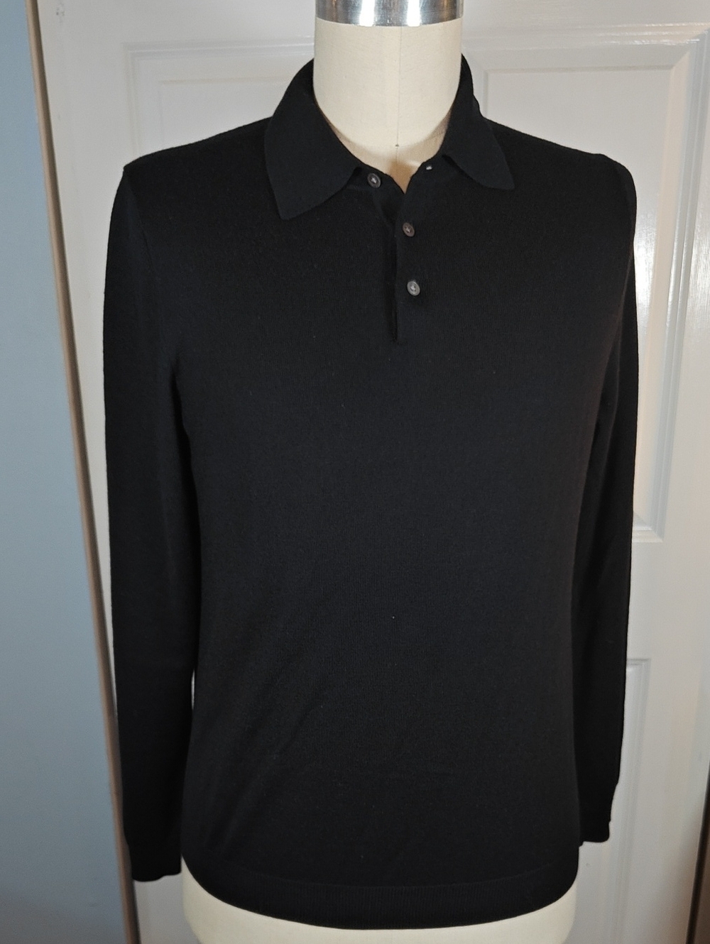 NWOT Brooks Brothers Men Black 100% Italian Merino Wool Knit Polo Sweater Large